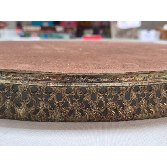 Vintage Ornate Brass Oval Vanity Tray With Mirror - Picture 7 of 9
